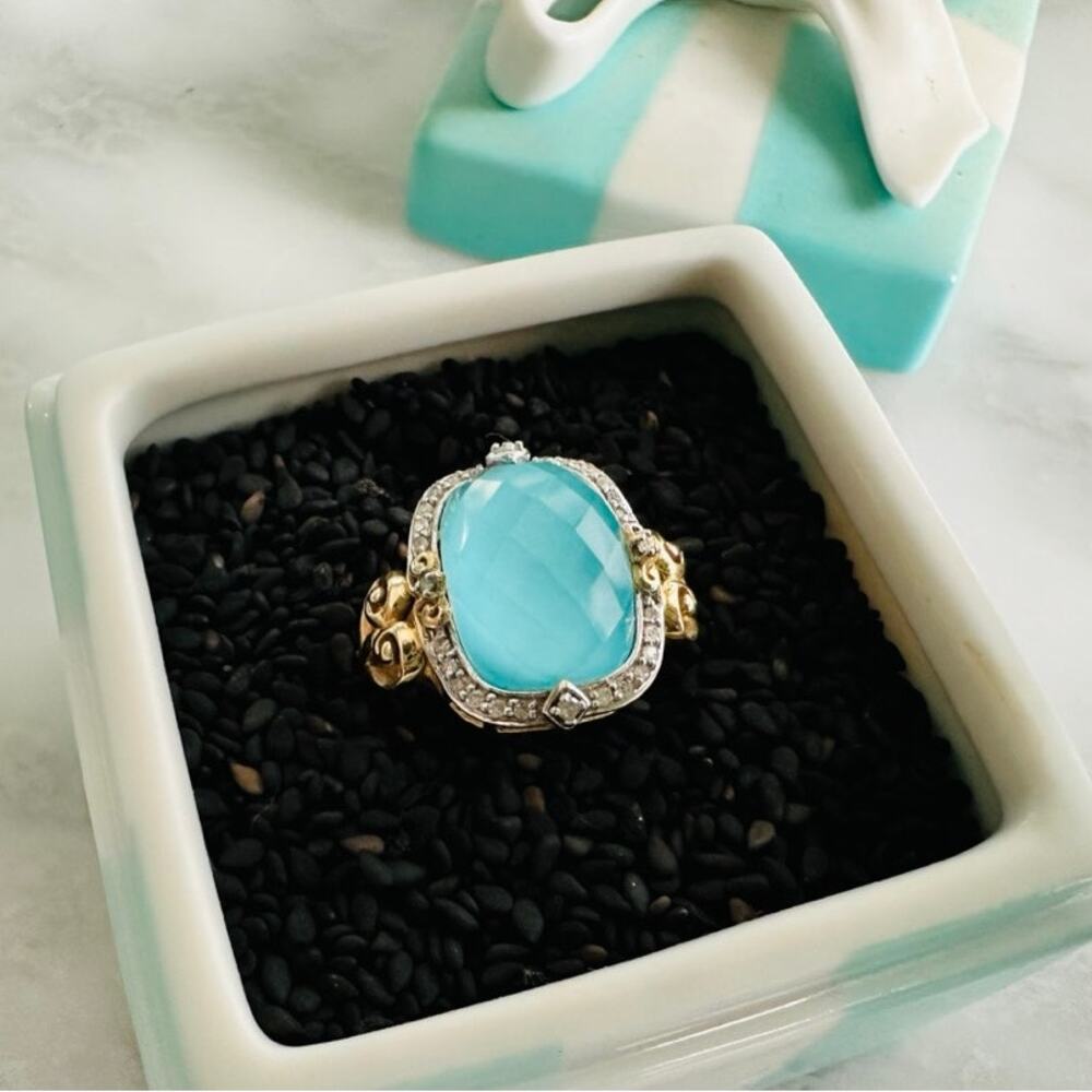 14k Gold Faceted Aqua Quartz & Diamond Size 7 Fine Jewelry Fashion Engage Gift